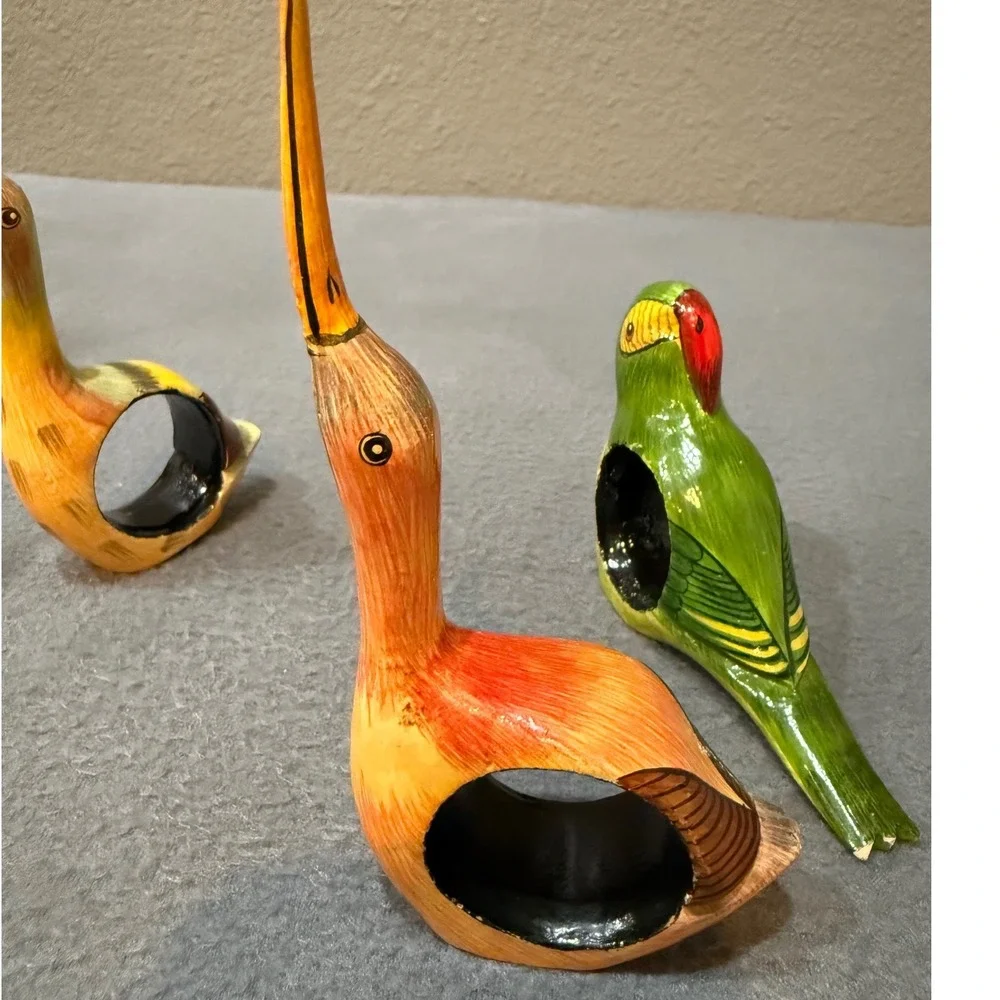 Vintage Hand Painted Wooden Bird Napkin Rings Set of 4 Tropical Folk Art Decor